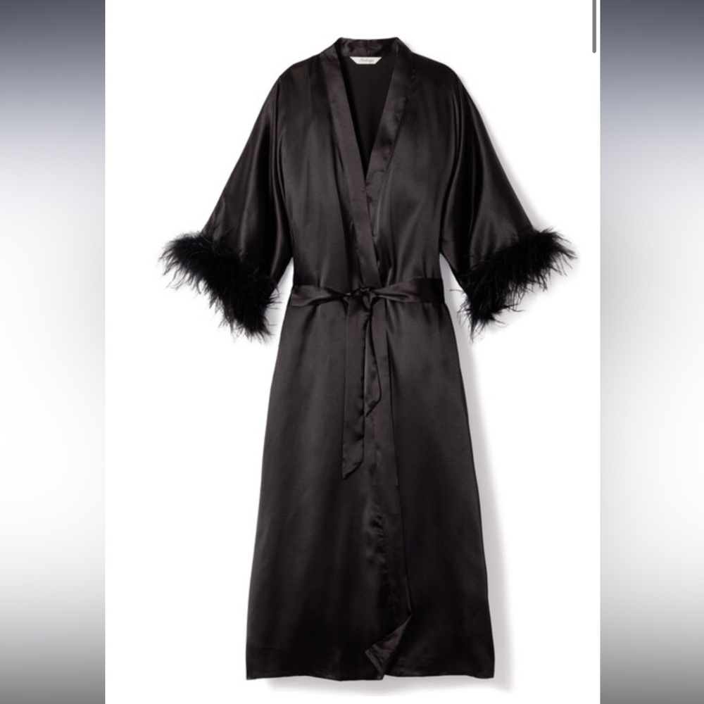 Petite Plume Black Satin Robe with Feather Trim